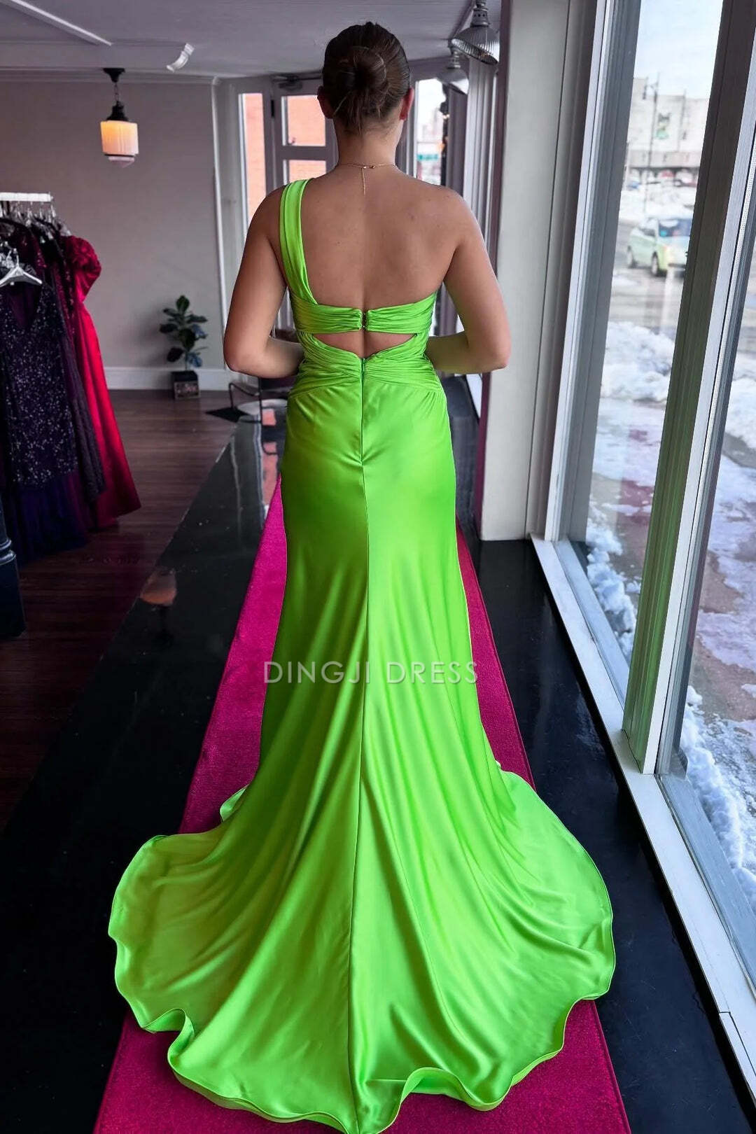 DingJiDress Formal Dress Mermaid One Shoulder Sleeveless Crossing Pleated Empire Satin Sexy Prom Dress