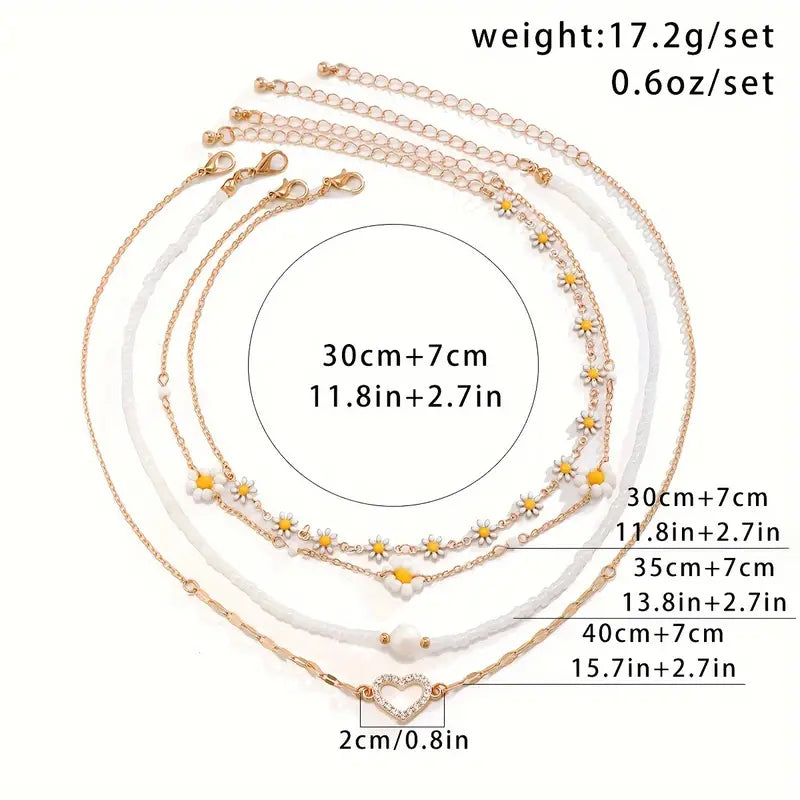 DingJi 4pcs/set Boho Vacation Style Drip Oil Small Flower Inlaid Rhinestone Hollow Heart Pendant Pearl Beaded Multilayer Necklace Jewelry For Women