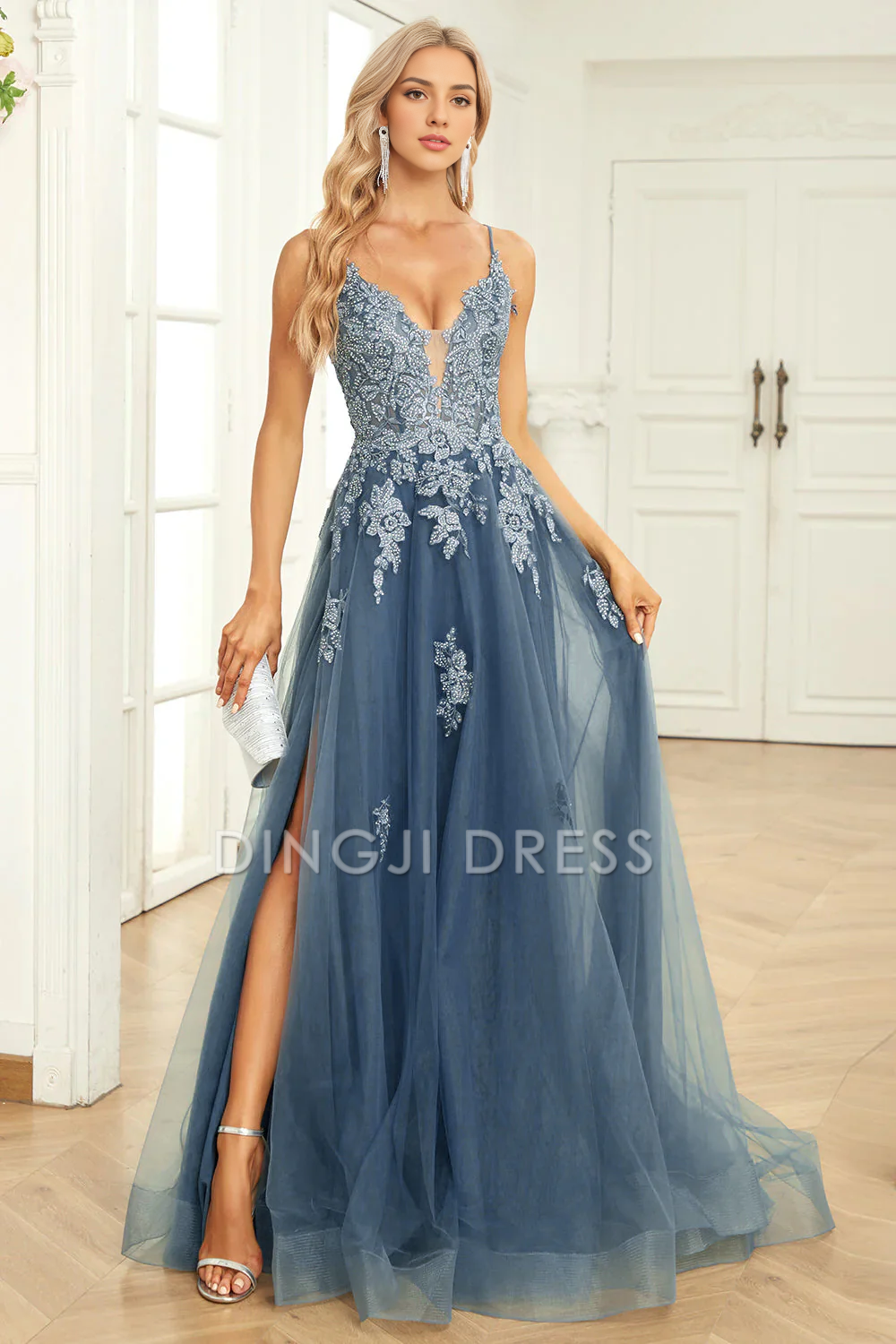 DingJiDress High Quality Dress Evening Dress Charming A Line V Neck Spaghetti Straps Appliques Backless Side Fork Long Prom Dress