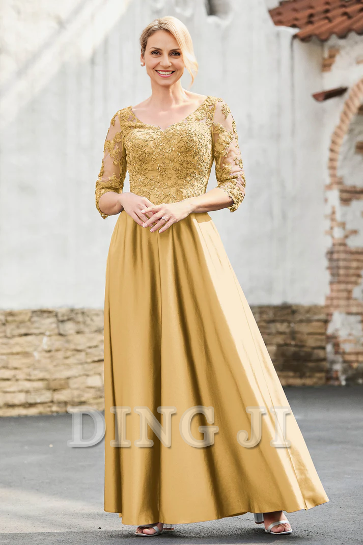 DingJiDress Mother of the Bride Dresses A-Line Satin V-neck Delicate Lace Applique Dress Elegant Dignified Dresses Wedding Guests Dresses