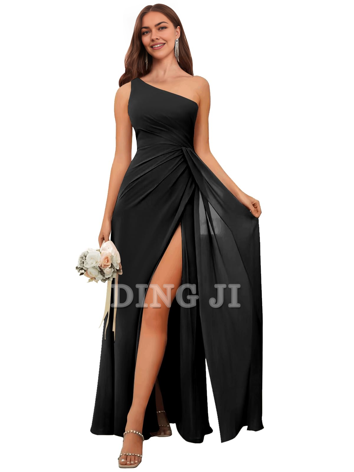 DingJiDress Bridesmaid Dresses One Shoulder Pleated Charming Chiffon Side Fork Long Formal Wear Dresses