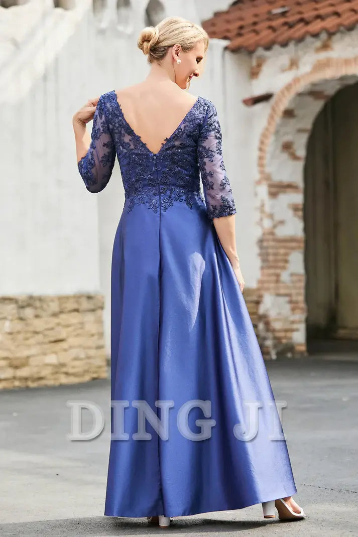 DingJiDress Mother of the Bride Dresses A-Line Satin V-neck Delicate Lace Applique Dress Elegant Dignified Dresses Wedding Guests Dresses