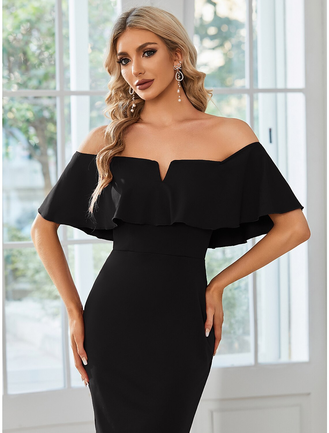 Wedding Guest Dresses Dress Party Wear Tea Length Short Sleeve Off Shoulder Stretch Fabric with Slit