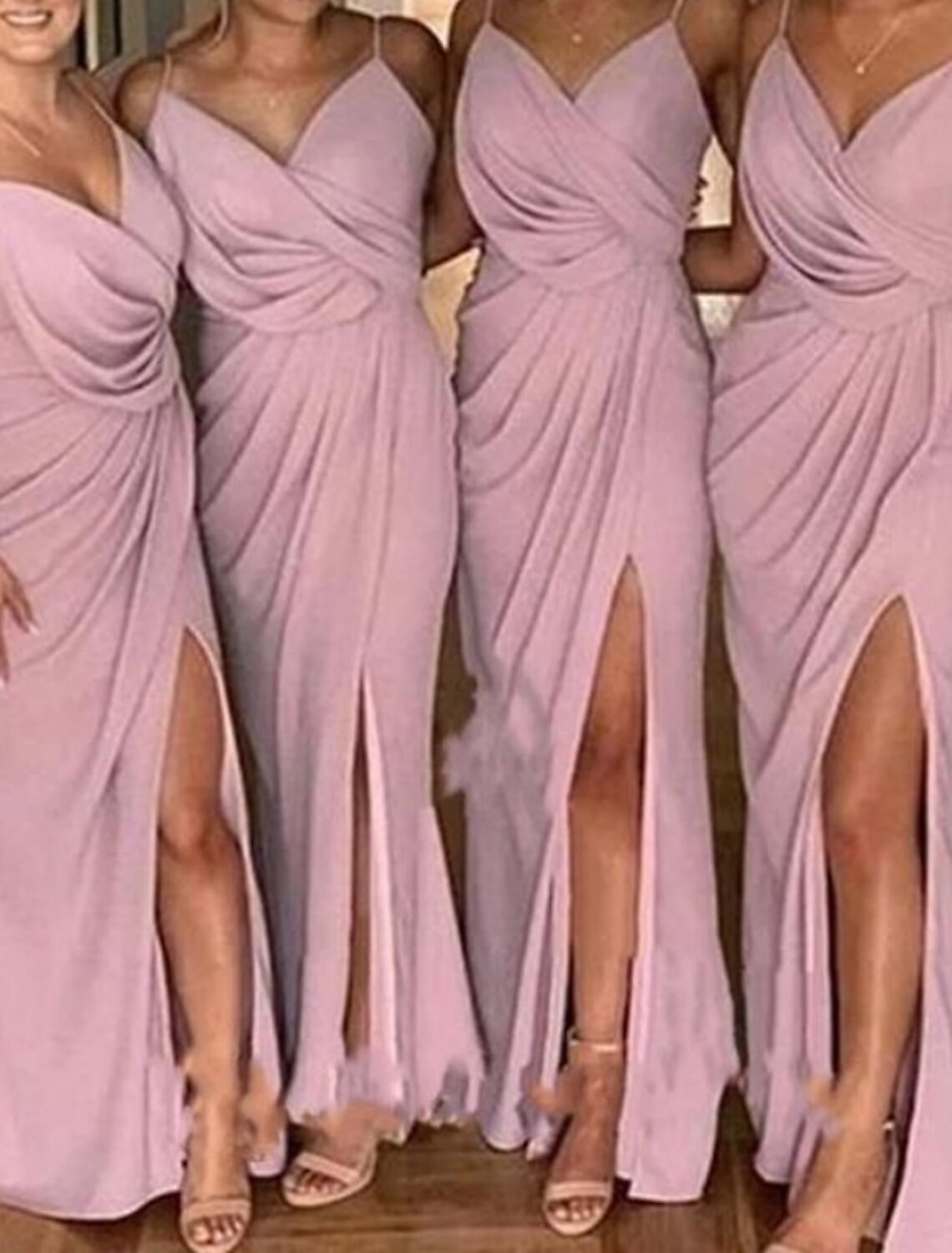 Sheath / Column Bridesmaid Dress V Neck / Spaghetti Strap Sleeveless Elegant Sweep / Brush Train Stretch Chiffon with Split Front