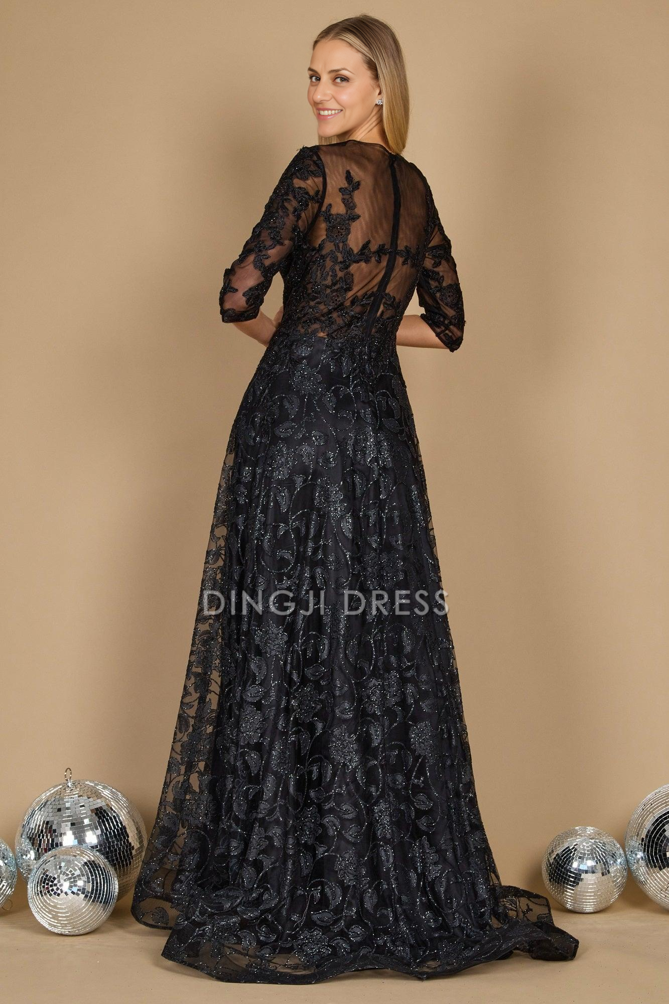DingJiDress Evening Dress Exquisite A Line Round Neck 3/4 Sleeve Sparkling Lace Appliques Fashion Retro Long Mother Of The Bride Dress