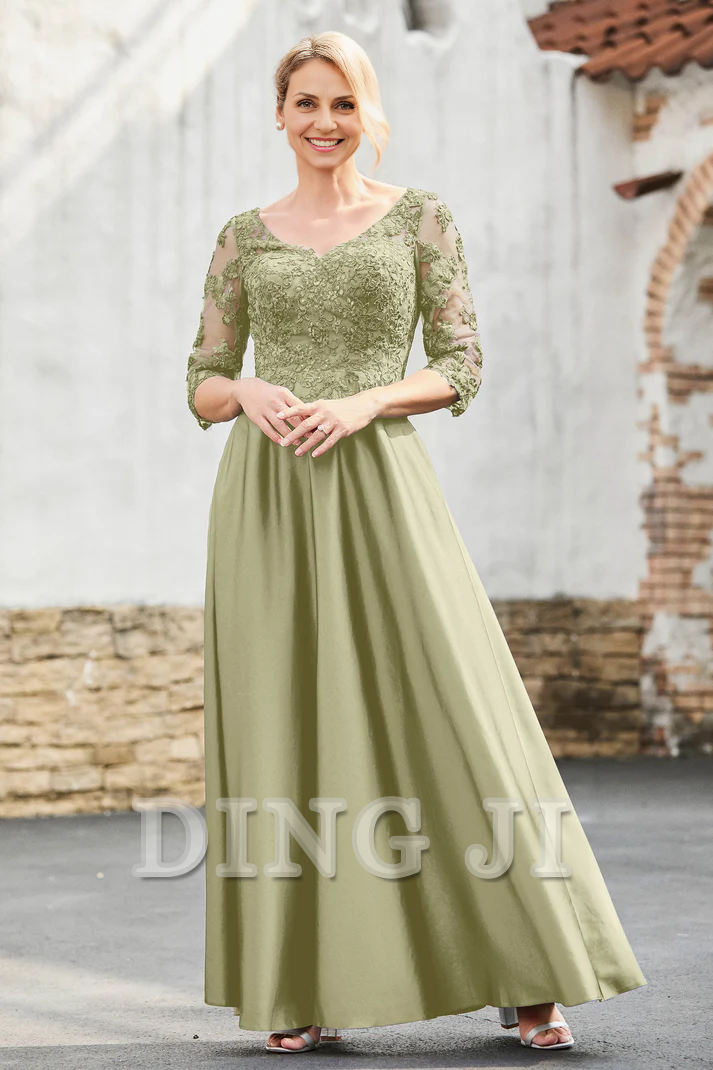DingJiDress Mother of the Bride Dresses A-Line Satin V-neck Delicate Lace Applique Dress Elegant Dignified Dresses Wedding Guests Dresses