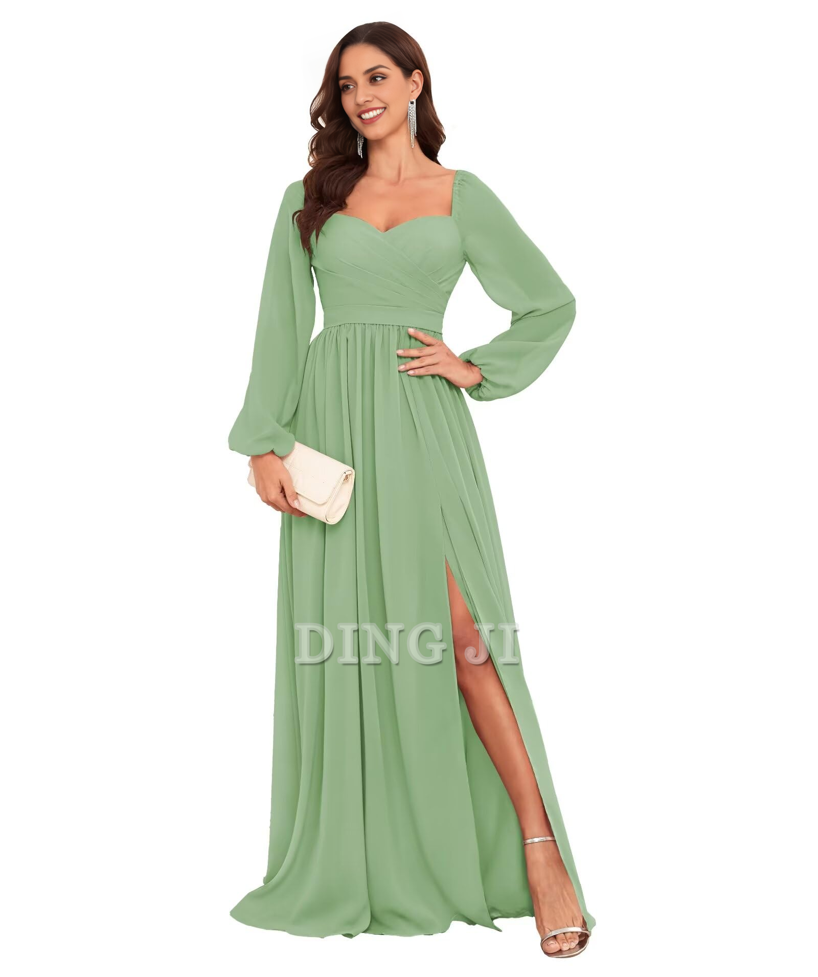 DingJiDress Bridesmaid Dresses Sweetheart Long Sleeve Pleated Side Fork Chiffon Elegant Long Formal Wear Dresses
