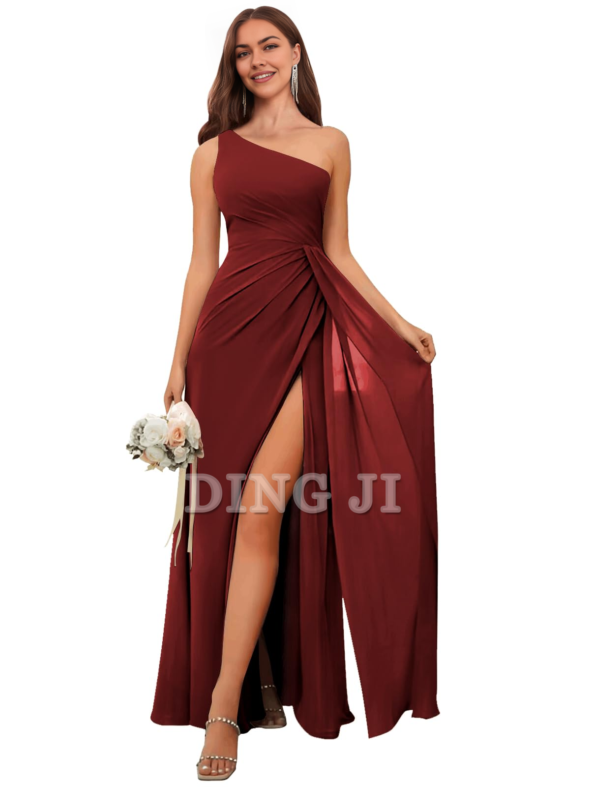 DingJiDress Bridesmaid Dresses One Shoulder Pleated Charming Chiffon Side Fork Long Formal Wear Dresses