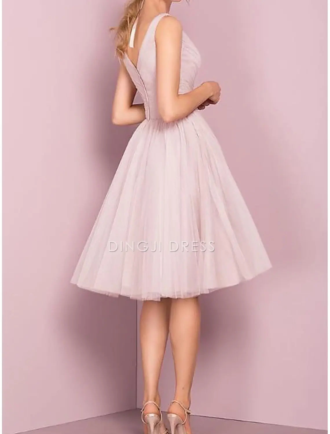 DingJiDress Hot Sale Short Prom Dress A-Line V Neck Cocktail Dresses Graduation Knee Length Sleeveless Tulle with Pleats Elegant New Homecoming Dress