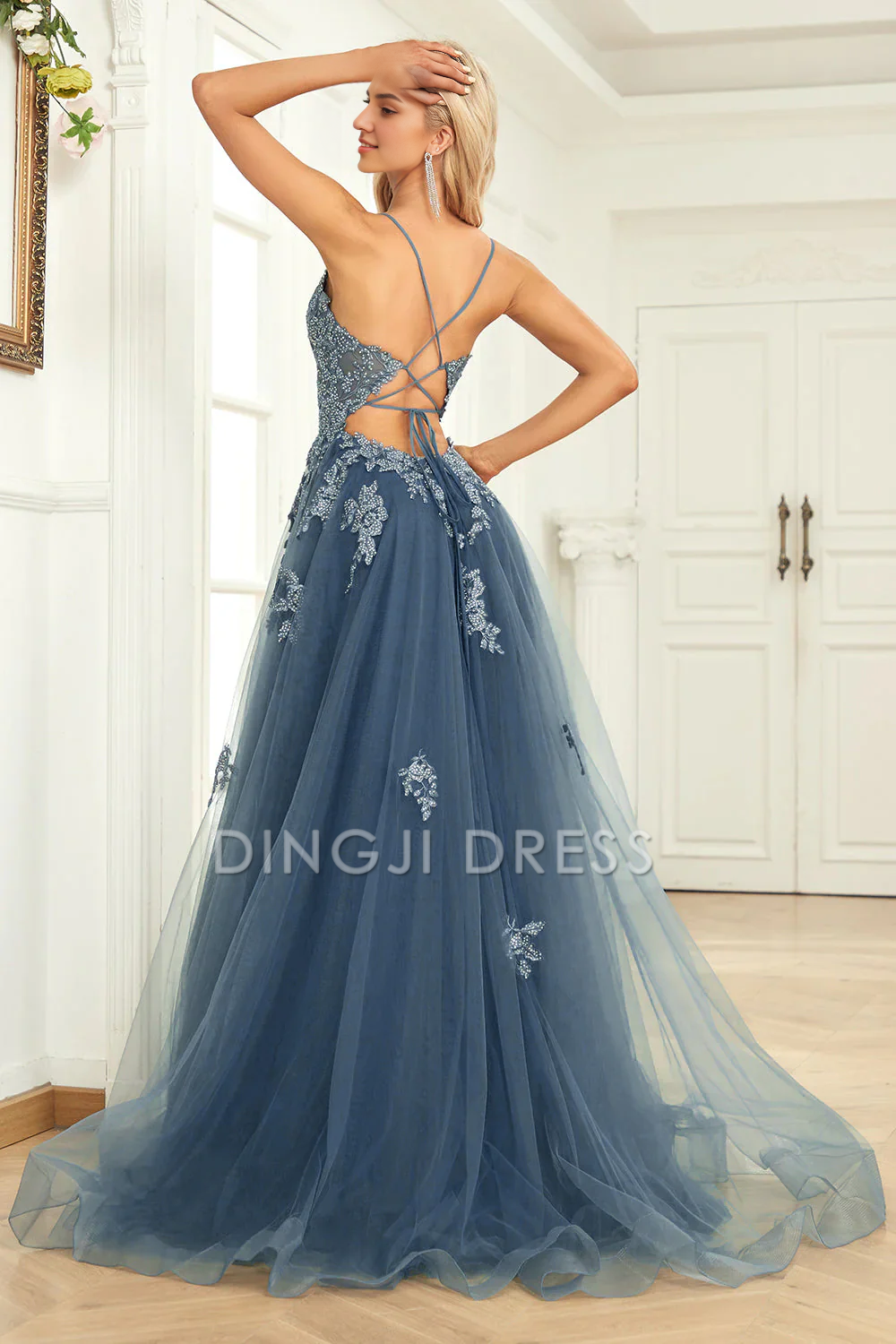DingJiDress High Quality Dress Evening Dress Charming A Line V Neck Spaghetti Straps Appliques Backless Side Fork Long Prom Dress