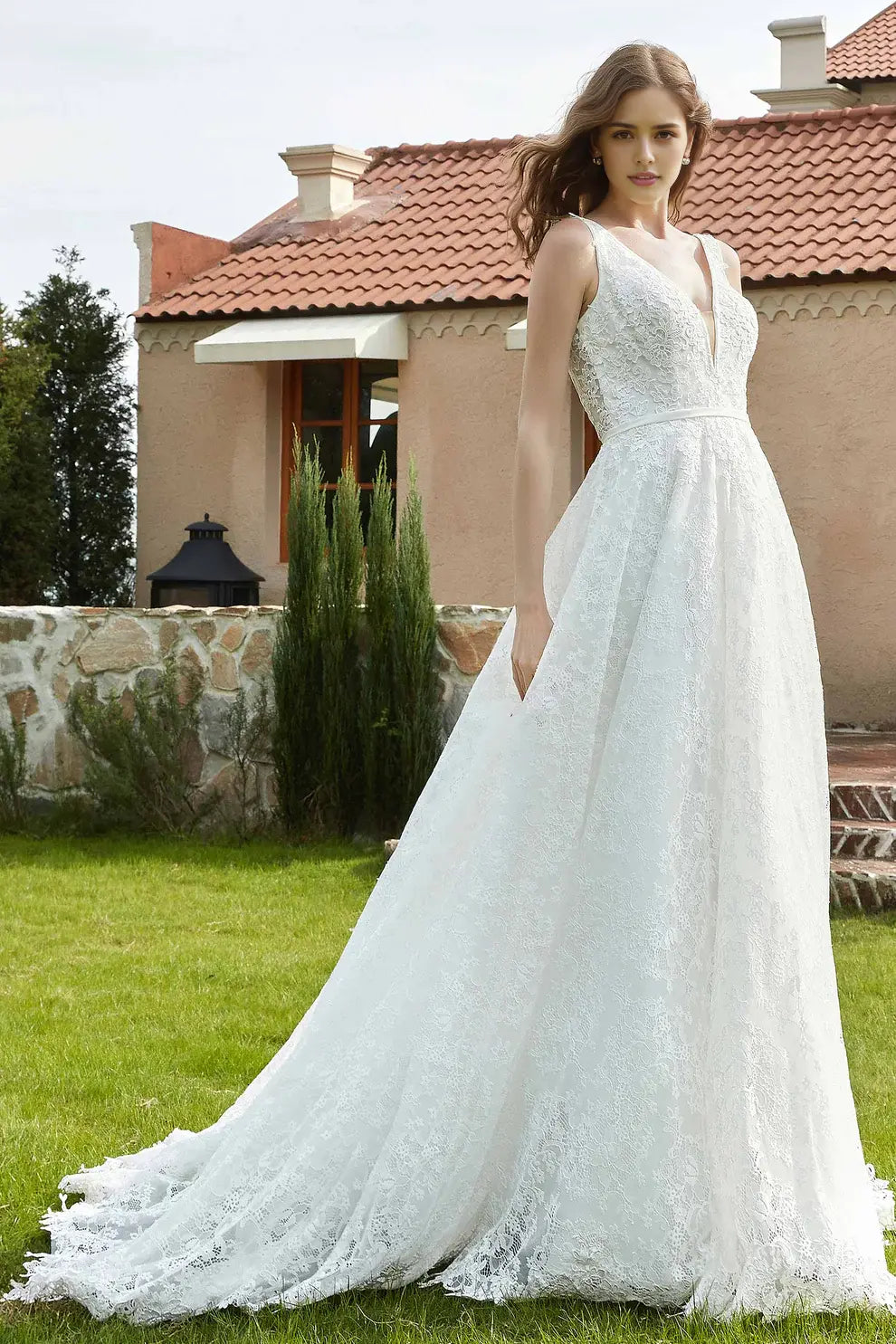 Exquisite Lace A-Line Plunging V-Neck Sleeveless Backless Affordable Hot Sale Wedding Dress