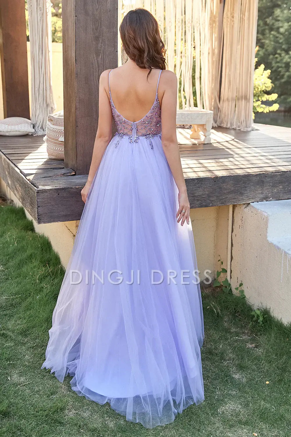 DingJiDress High Quality Dress Gorgeous Tulle A-Line Spaghetti Strap Backless Side Fork Prom Dress