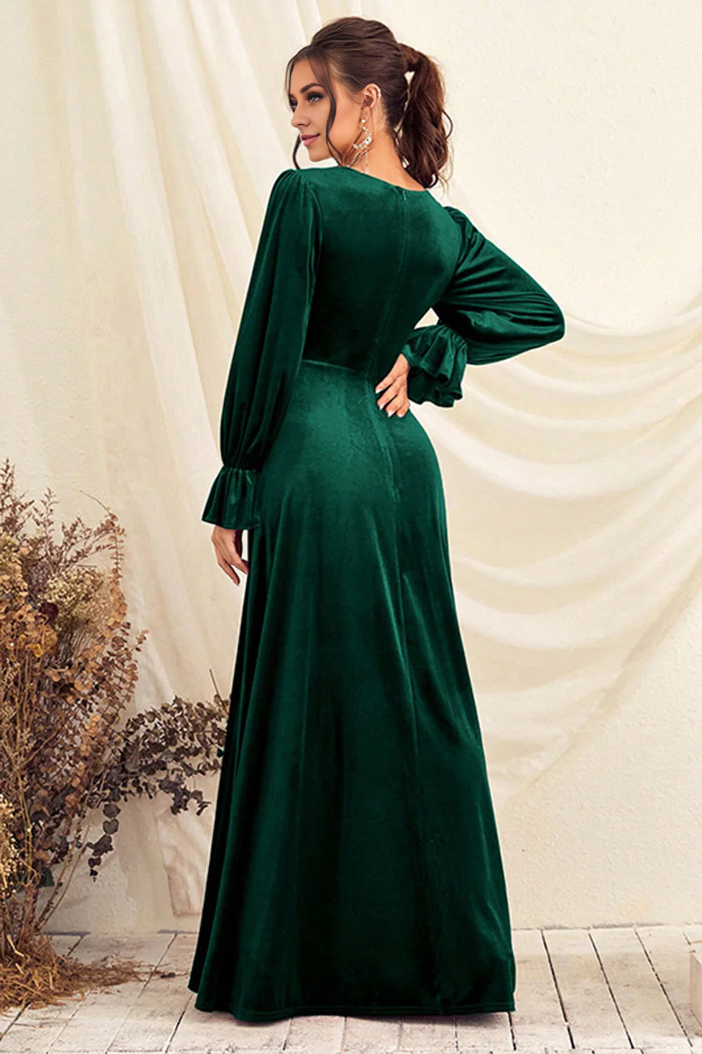 DingJiDress Dark Green Evening Dress V Neck Velvet Wrap Long Prom Dress with Long Sleeves