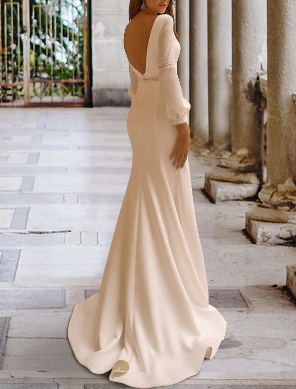 Hall Open Back Casual Wedding Dresses Mermaid / Trumpet Scoop Neck Long Sleeve Sweep / Brush Train Stretch Fabric Bridal Gowns With Beading