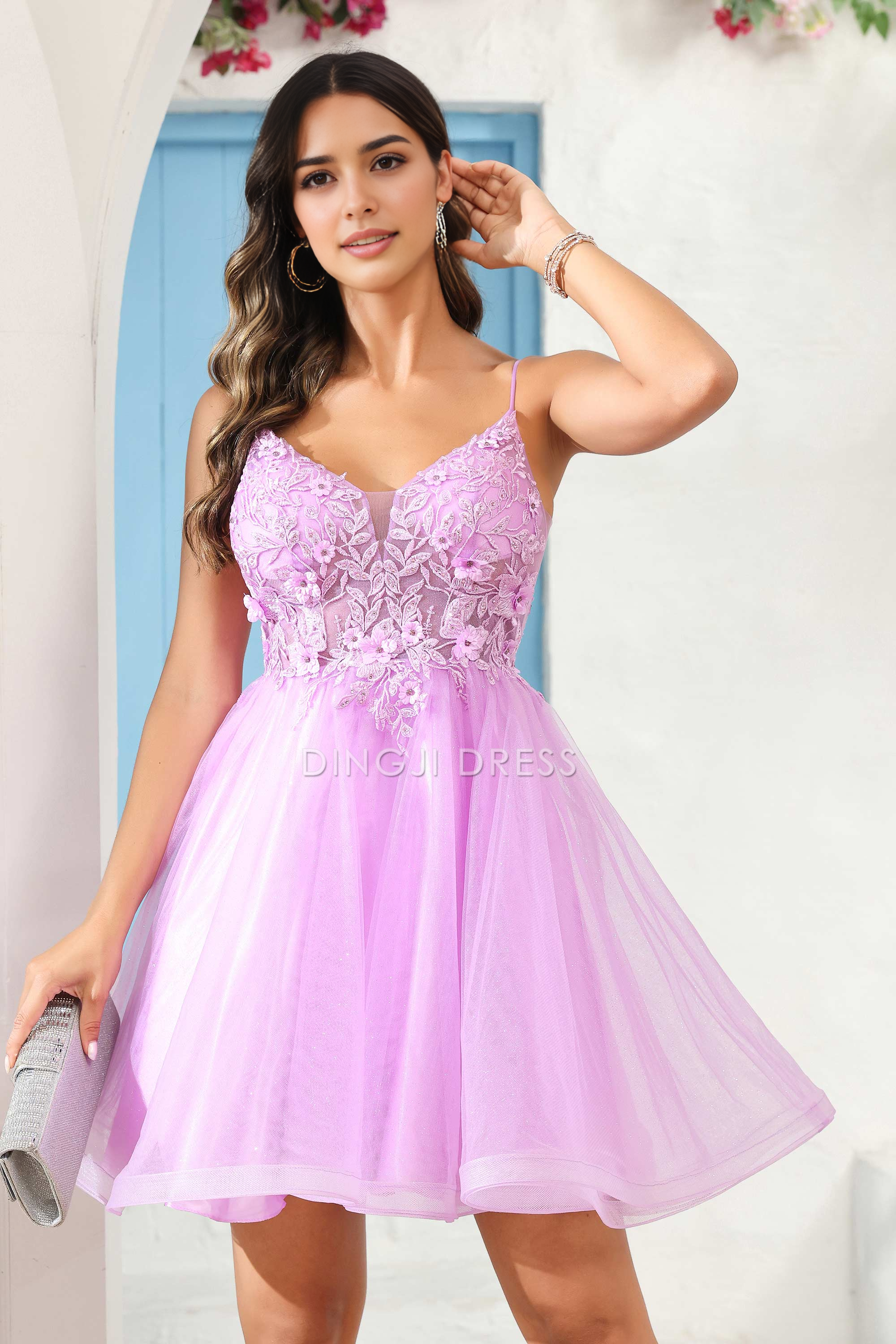 DingJiDress Hot Sale Homecoming Dress Fashion A Line V Neck Spaghetti Straps Backless See-Through Applique Charming Mini Dress