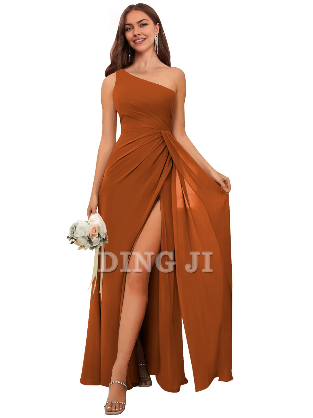 DingJiDress Bridesmaid Dresses One Shoulder Pleated Charming Chiffon Side Fork Long Formal Wear Dresses