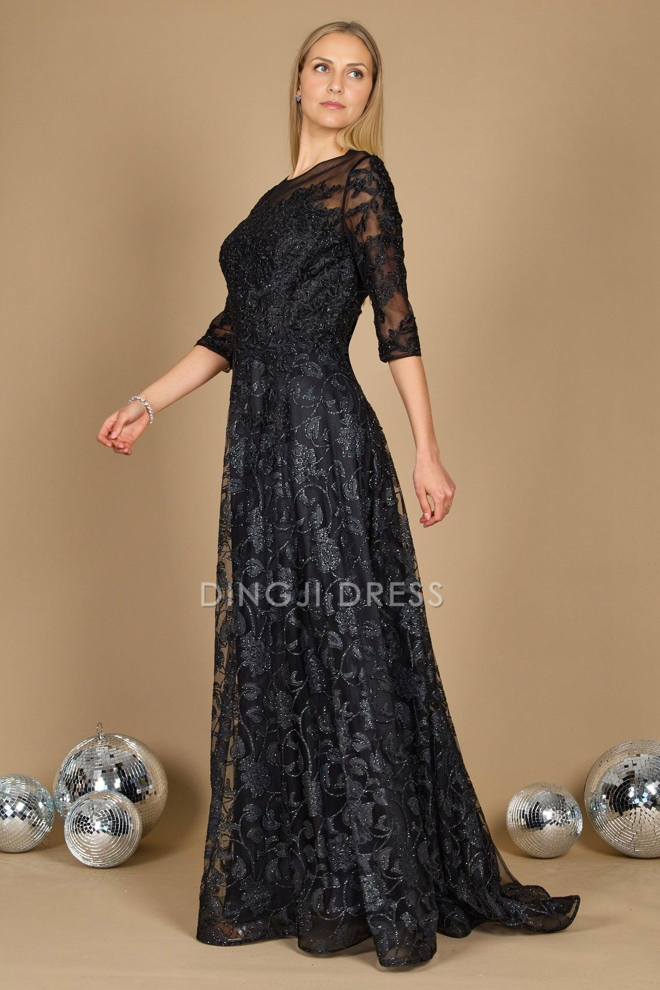 DingJiDress Evening Dress Exquisite A Line Round Neck 3/4 Sleeve Sparkling Lace Appliques Fashion Retro Long Mother Of The Bride Dress