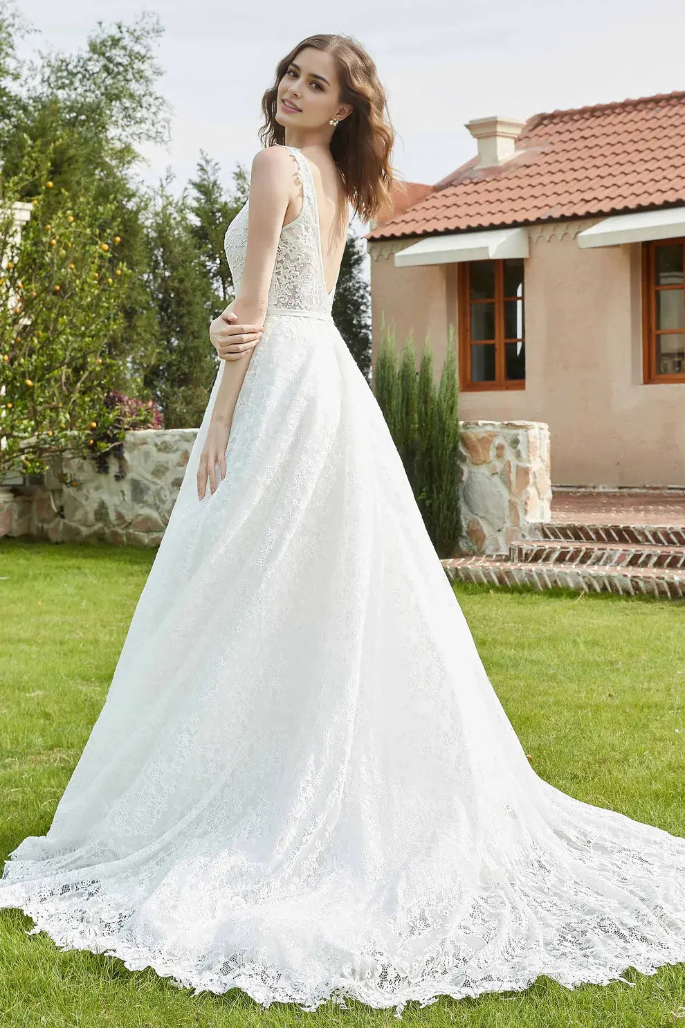 Exquisite Lace A-Line Plunging V-Neck Sleeveless Backless Affordable Hot Sale Wedding Dress