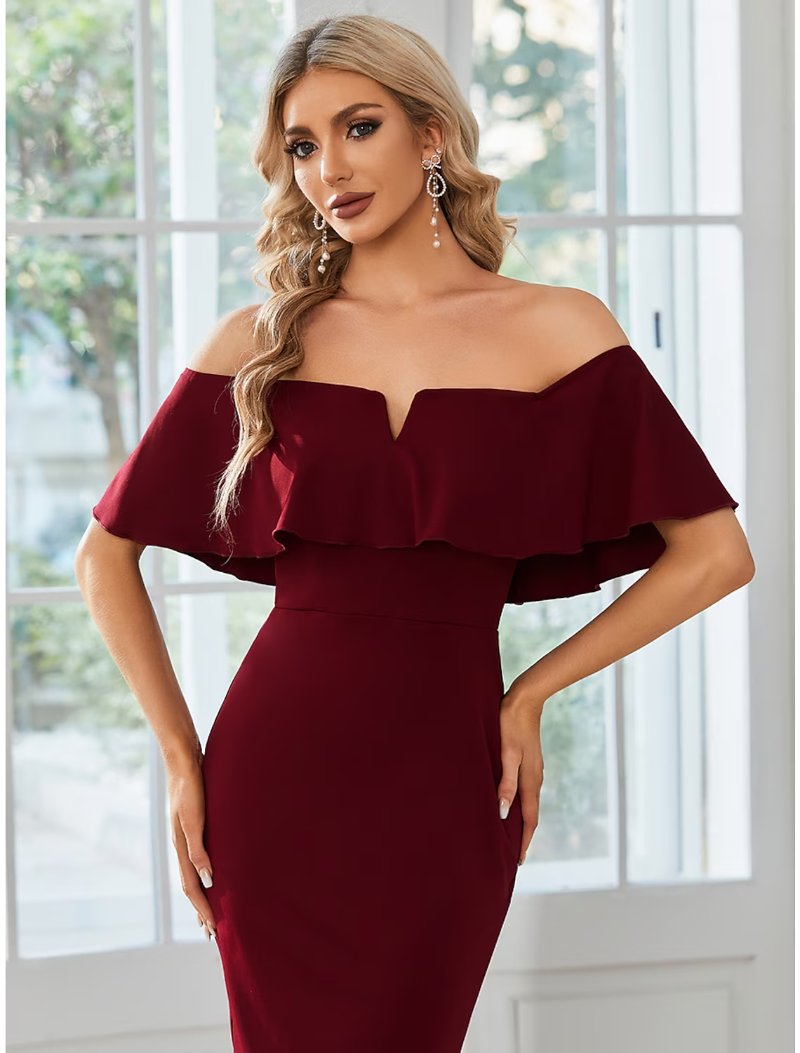 Wedding Guest Dresses Dress Party Wear Tea Length Short Sleeve Off Shoulder Stretch Fabric with Slit