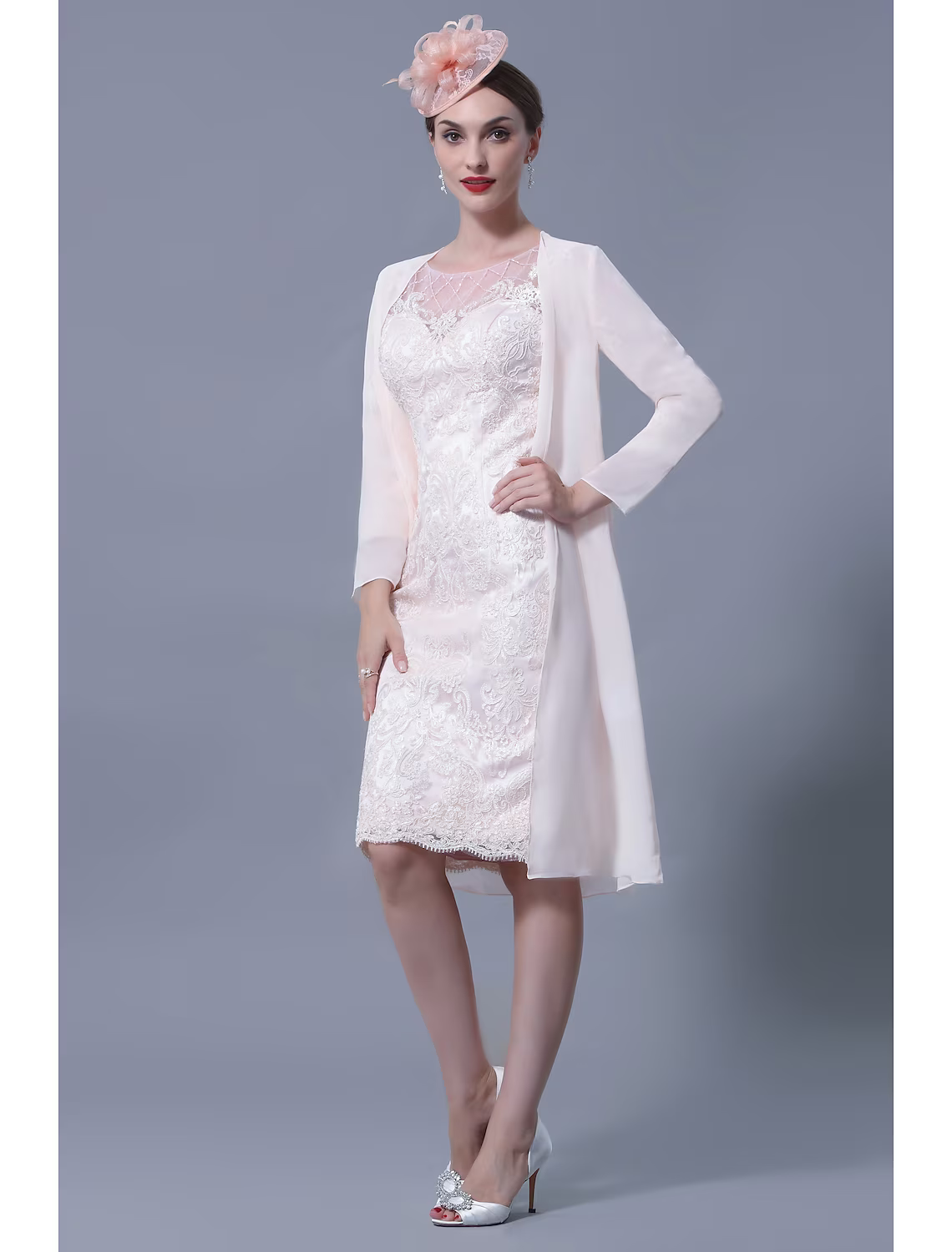 Two Piece Mother of the Bride Dress Church Elegant Jewel Neck Knee Length Lace Sleeve with Embroidery