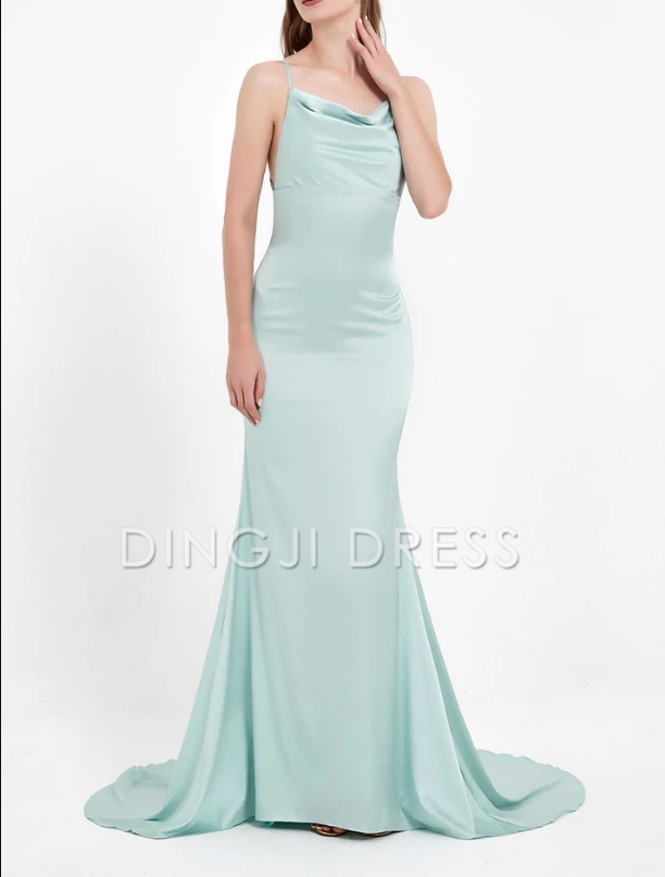 DingJiDress Evening Dress Charming Mermaid Cowl Neck Spaghetti Straps Open Back Elegant Satin Dress Simple Formal Dress