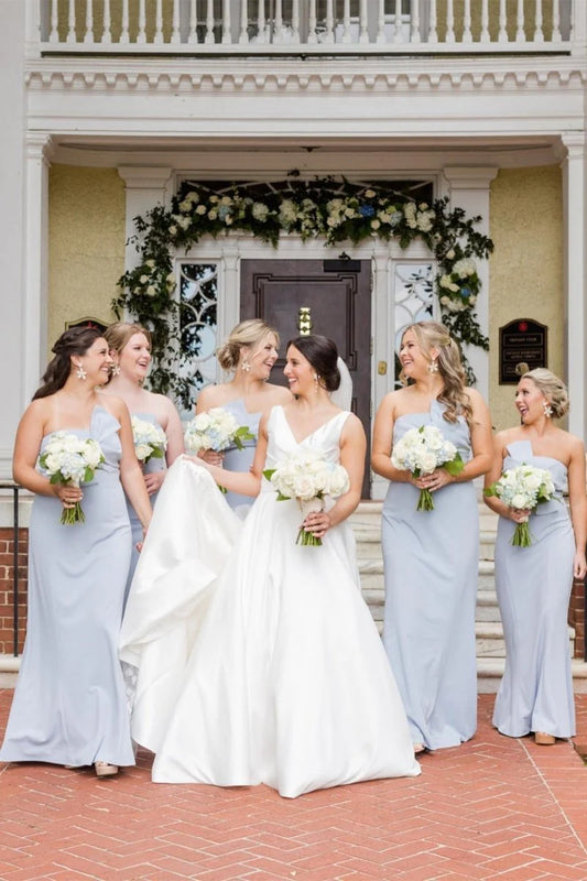 Unique Sky Blue Sheath Strapless Tie Front Sleeveless Low Cost Floor Length Bridesmaid Dresses