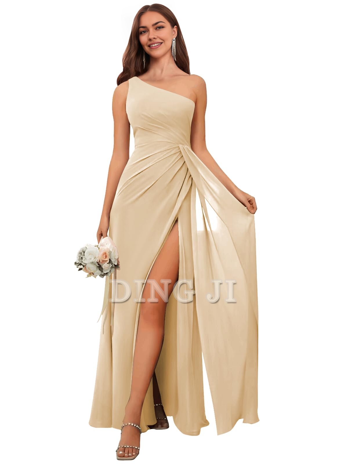 DingJiDress Bridesmaid Dresses One Shoulder Pleated Charming Chiffon Side Fork Long Formal Wear Dresses