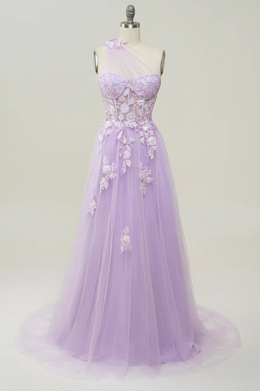 DingJiDress High Quality Dress Exquisite A Line One Shoulder With Romantic Appliques Long Prom Dress