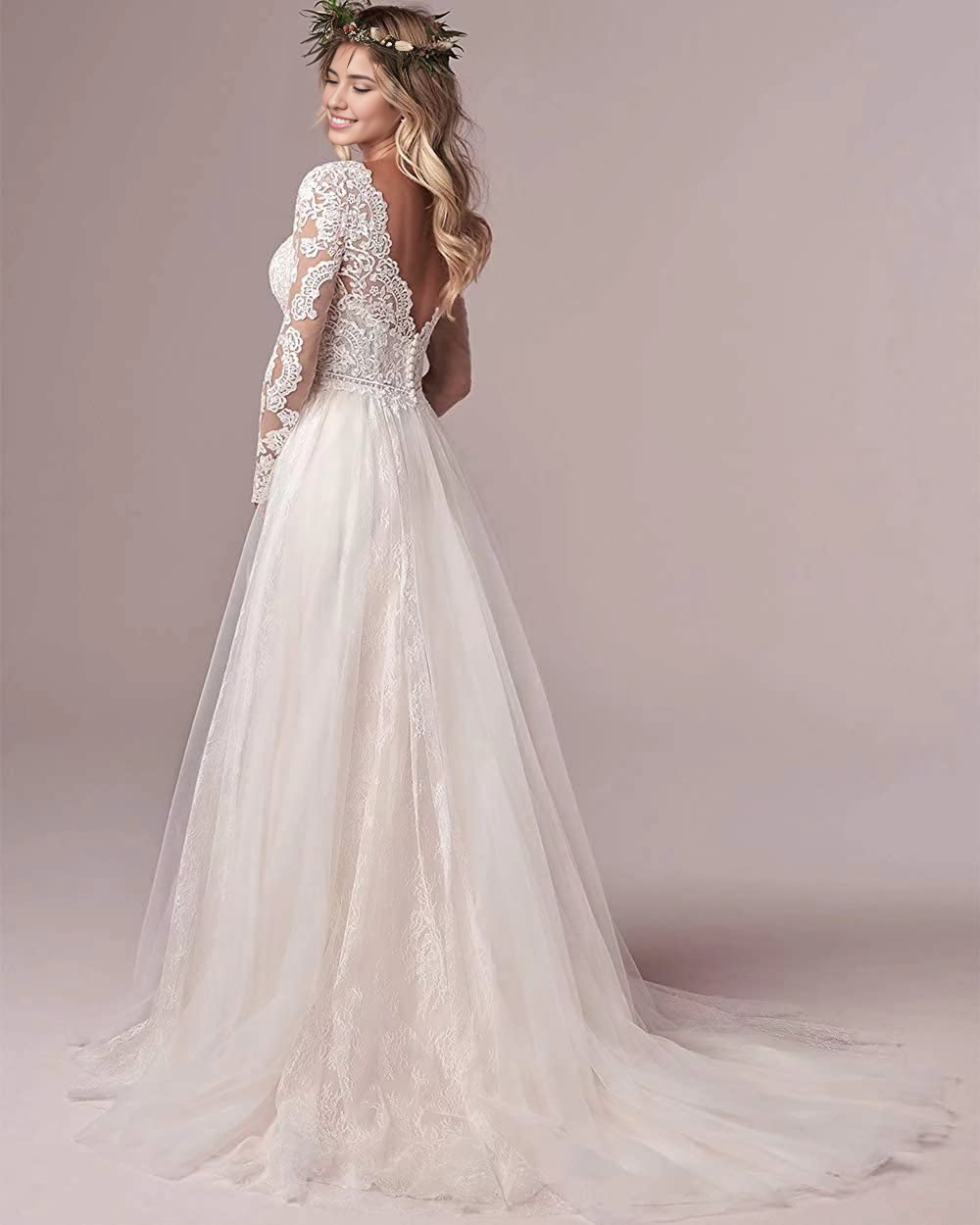 DingJiDress Wedding Dress Mermaid Lace Beach Bridal Dress Long Sleeves Formal Women's Dresses