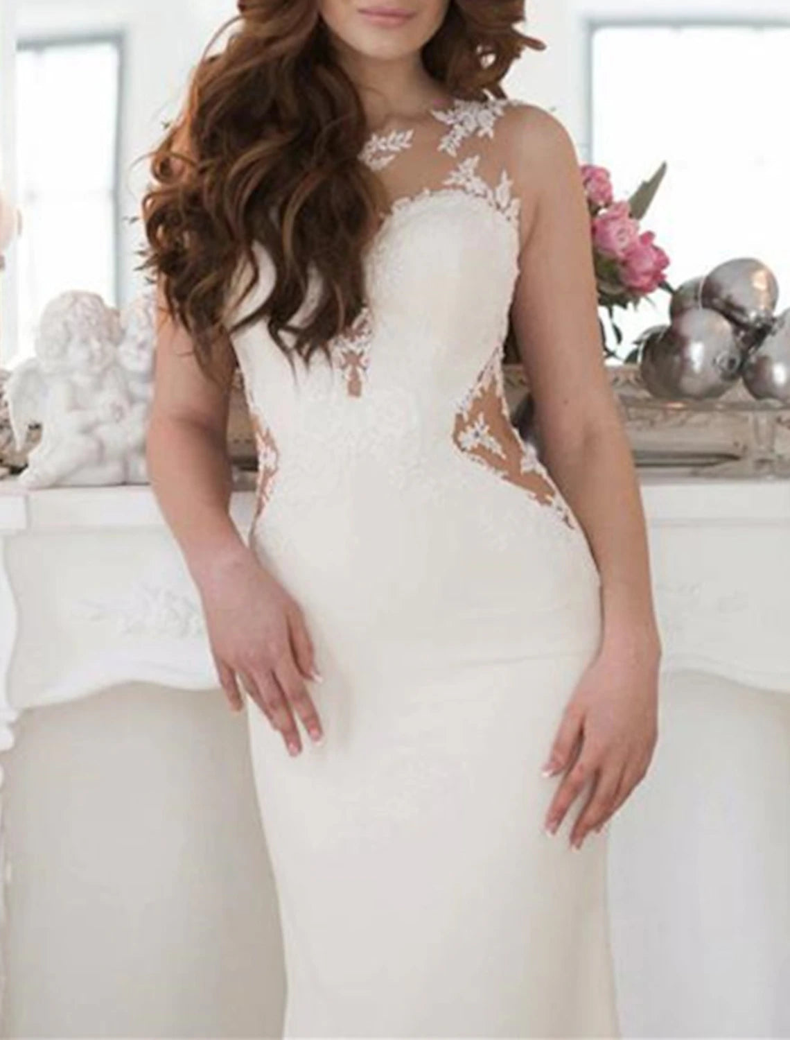 Engagement Formal Wedding Dresses Mermaid / Trumpet Illusion Neck Sleeveless Chapel Train Lace Bridal Gowns With Buttons Appliques