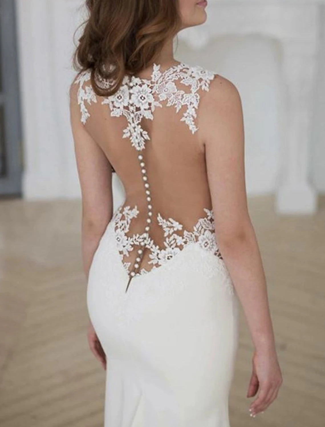 Engagement Formal Wedding Dresses Mermaid / Trumpet Illusion Neck Sleeveless Chapel Train Lace Bridal Gowns With Buttons Appliques