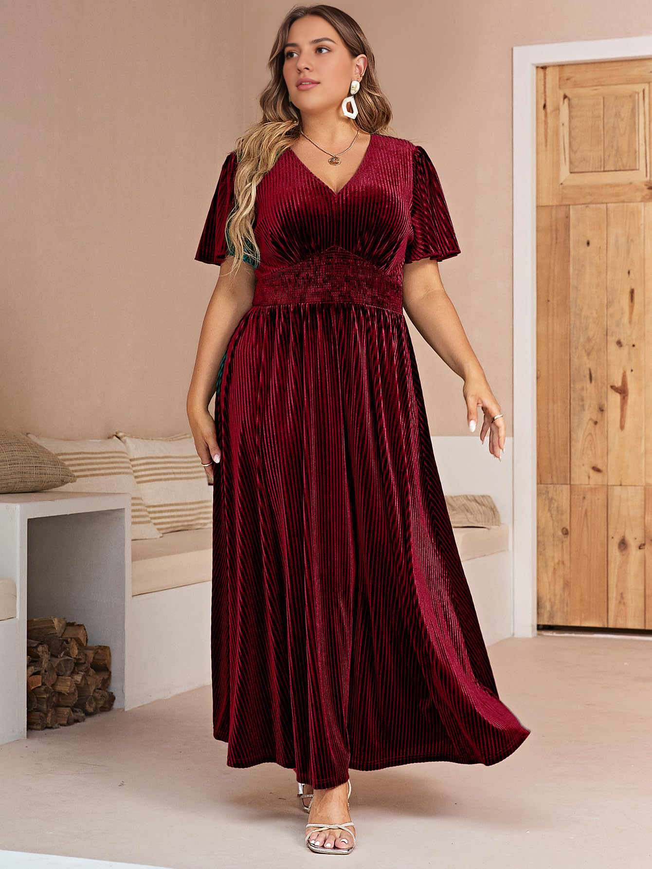 DingJiDress Wedding Guest Dress Short Flare Sleeve Women’s V Neck Velvet Maxi Dress Short Sleeve Empire Waist Long Formal Wear Dresses Evening Dress