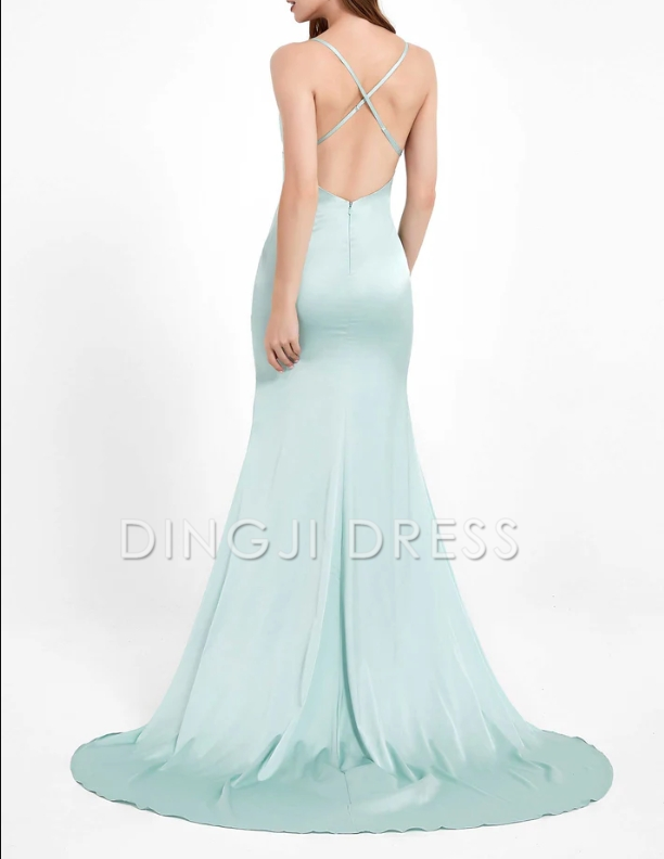 DingJiDress Evening Dress Charming Mermaid Cowl Neck Spaghetti Straps Open Back Elegant Satin Dress Simple Formal Dress