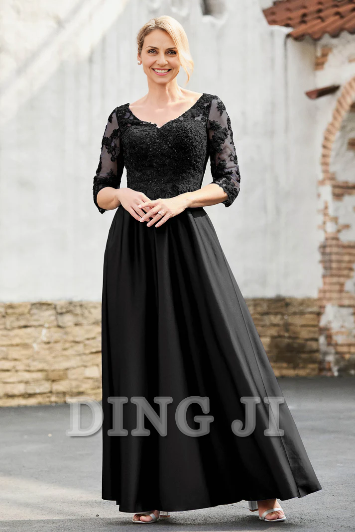 DingJiDress Mother of the Bride Dresses A-Line Satin V-neck Delicate Lace Applique Dress Elegant Dignified Dresses Wedding Guests Dresses