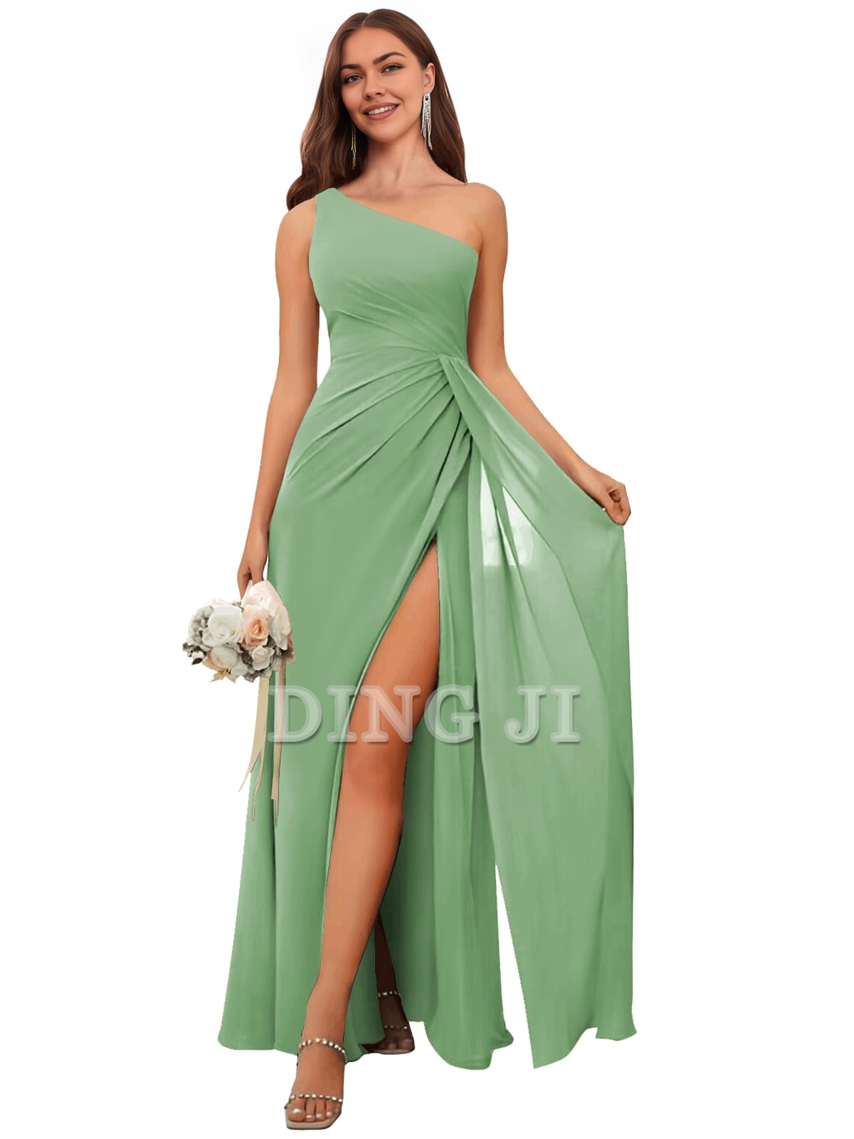 DingJiDress Bridesmaid Dresses One Shoulder Pleated Charming Chiffon Side Fork Long Formal Wear Dresses