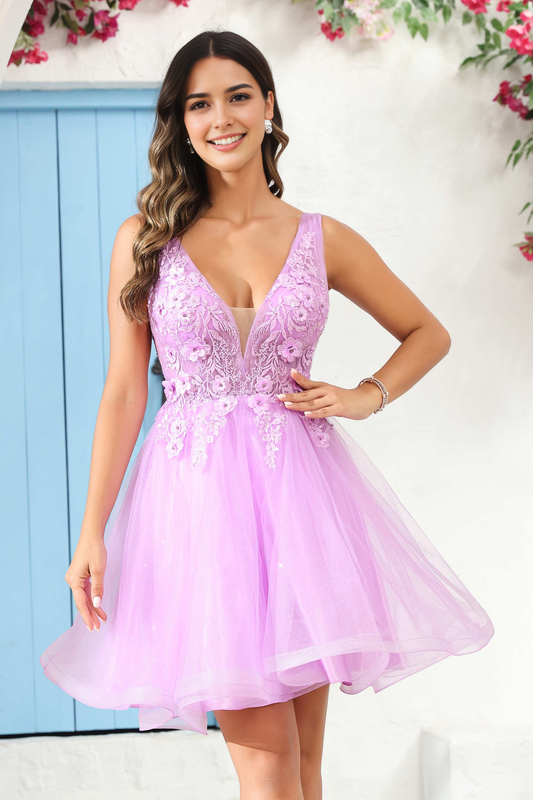 DingJiDress Hot Sale Homecoming Dress Gorgeous A Line Deep V Neck 3D Floral Applique Youthful Mini Dress