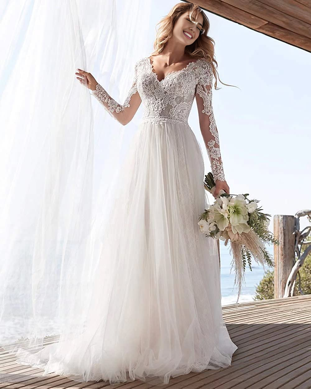 DingJiDress Wedding Dress Mermaid Lace Beach Bridal Dress Long Sleeves Formal Women's Dresses