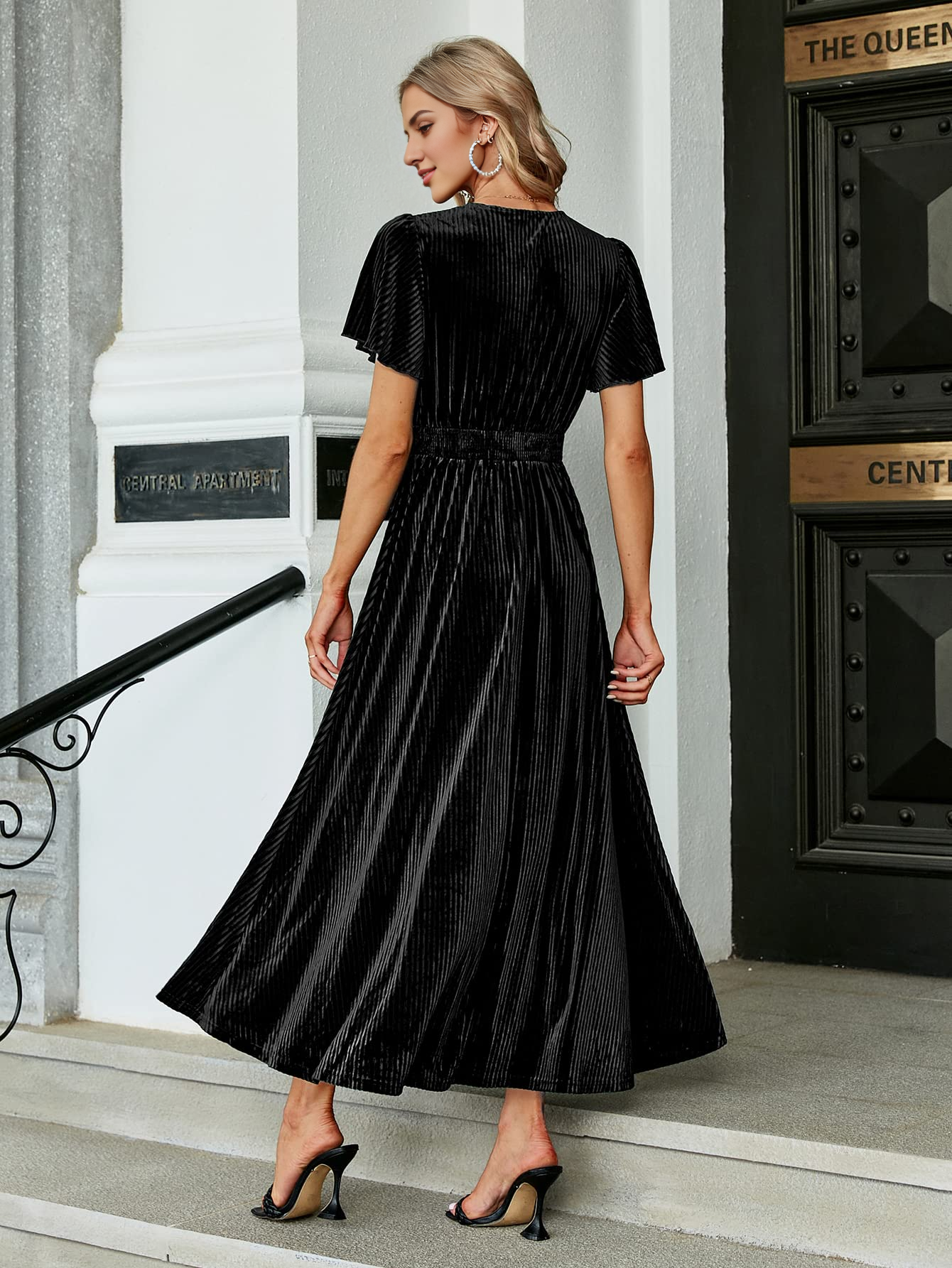 DingJiDress Wedding Guest Dress Short Flare Sleeve Women’s V Neck Velvet Maxi Dress Short Sleeve Empire Waist Long Formal Wear Dresses Evening Dress