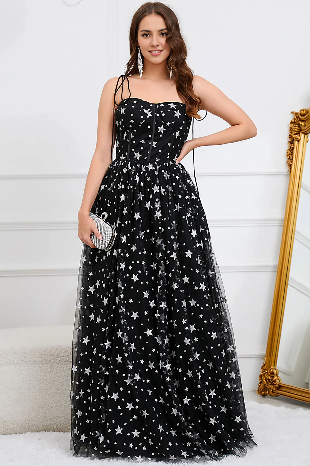 DingJiDress High Quality Dress Evening Dress Elegant Tulle A-Line Spaghetti Straps With Stars Side Fork Prom Dress