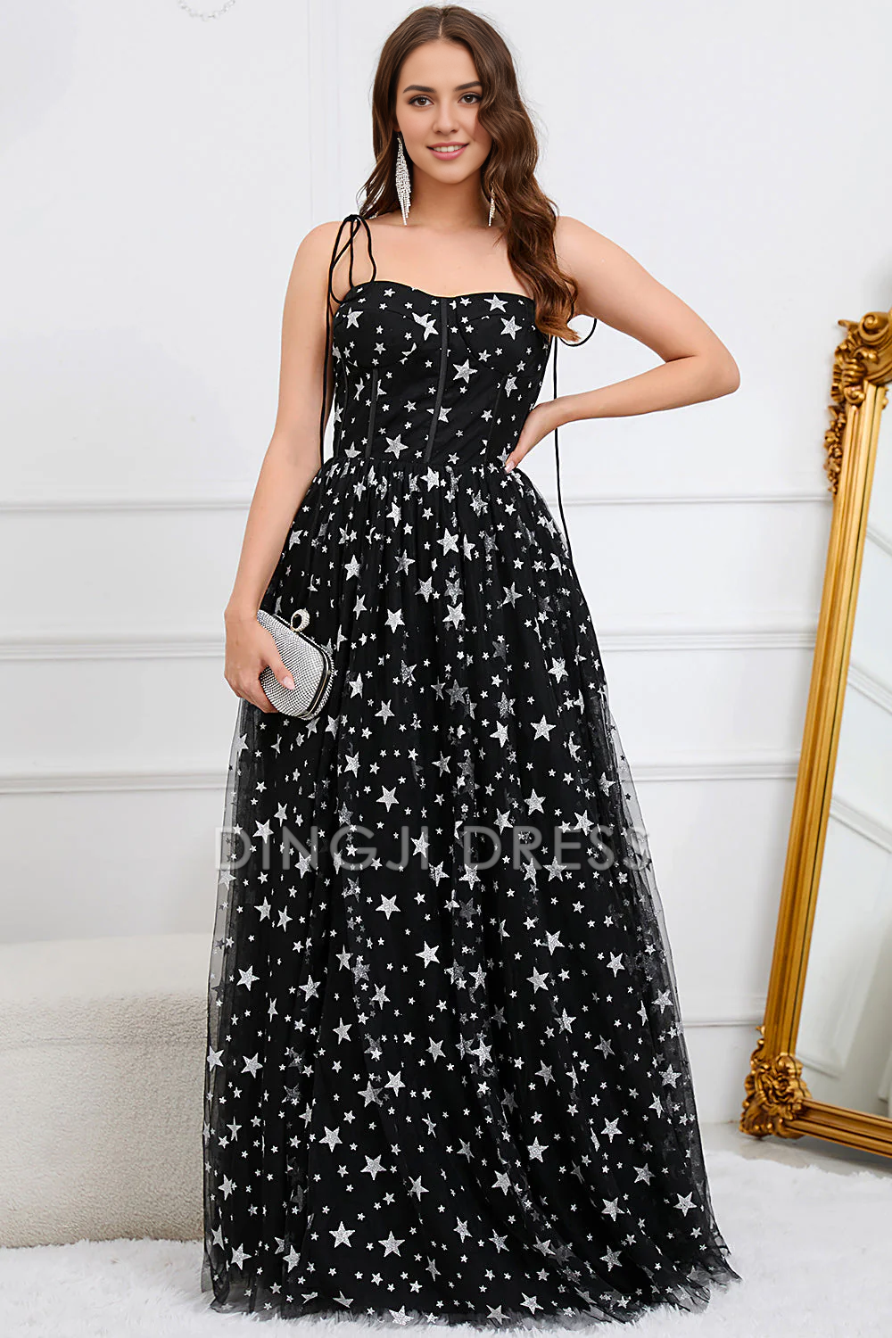 DingJiDress High Quality Dress Evening Dress Elegant Tulle A-Line Spaghetti Straps With Stars Side Fork Prom Dress