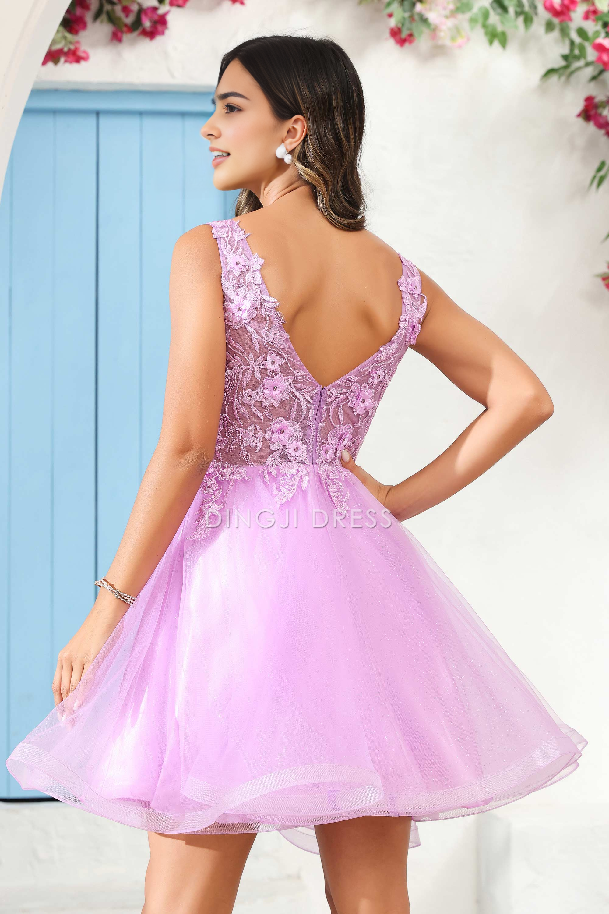 DingJiDress Hot Sale Homecoming Dress Gorgeous A Line Deep V Neck 3D Floral Applique Youthful Mini Dress