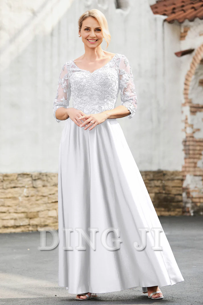 DingJiDress Mother of the Bride Dresses A-Line Satin V-neck Delicate Lace Applique Dress Elegant Dignified Dresses Wedding Guests Dresses