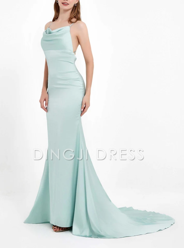 DingJiDress Evening Dress Charming Mermaid Cowl Neck Spaghetti Straps Open Back Elegant Satin Dress Simple Formal Dress