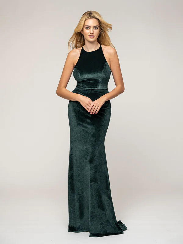 Halter Neckline Sheath Long Velvet Dresses