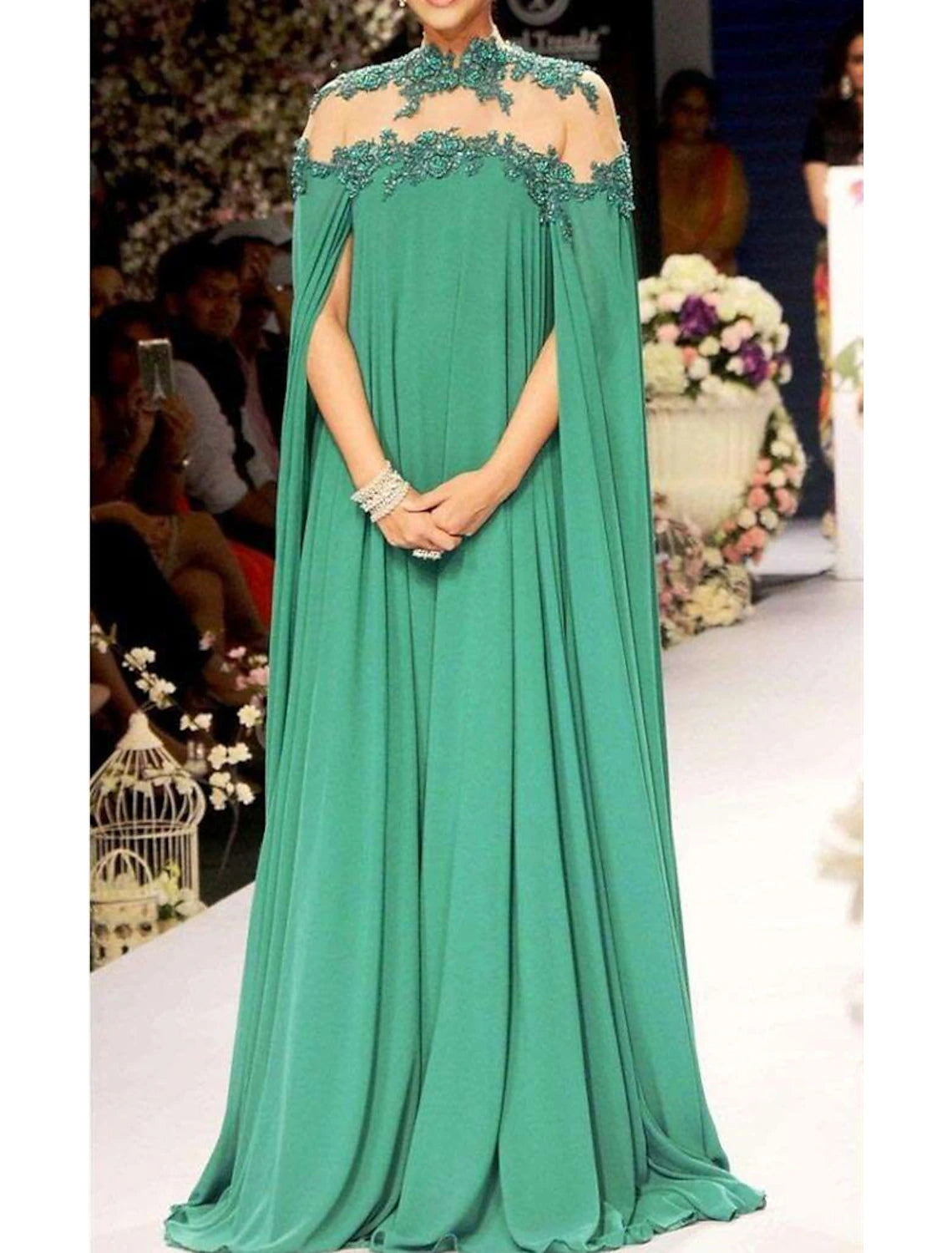A-Line Evening Gown Elegant Dress Formal Wedding Guest Christmas Floor Length Sleeveless High Neck Fall Wedding Guest Chiffon with Appliques