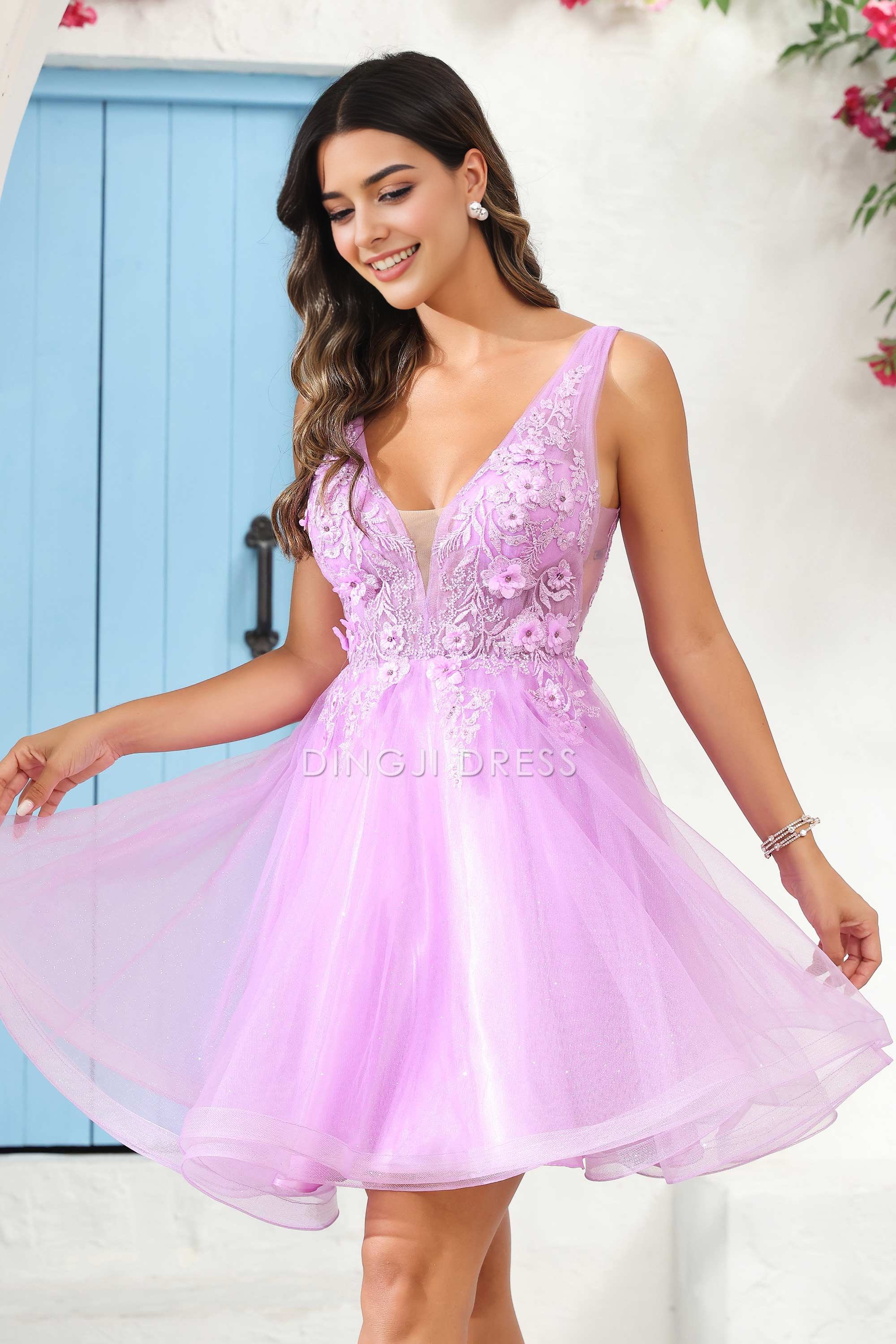 DingJiDress Hot Sale Homecoming Dress Gorgeous A Line Deep V Neck 3D Floral Applique Youthful Mini Dress