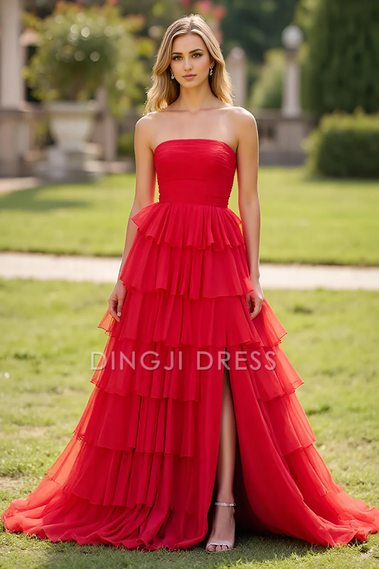 DingJiDress High Quality Dress Elegant A Line Strapless Square Neck Ruched Tiered With Slit Fashion Long Prom Dress