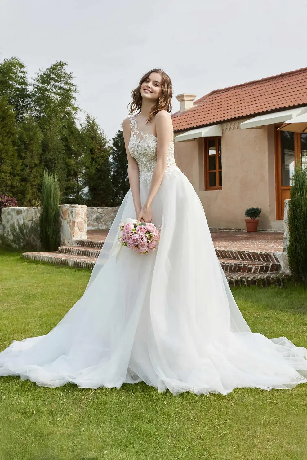 Fashion A-Line One Shoulder Sleeveless Tulle Lace Applique Backless Affordable Hot Sale Wedding Dress