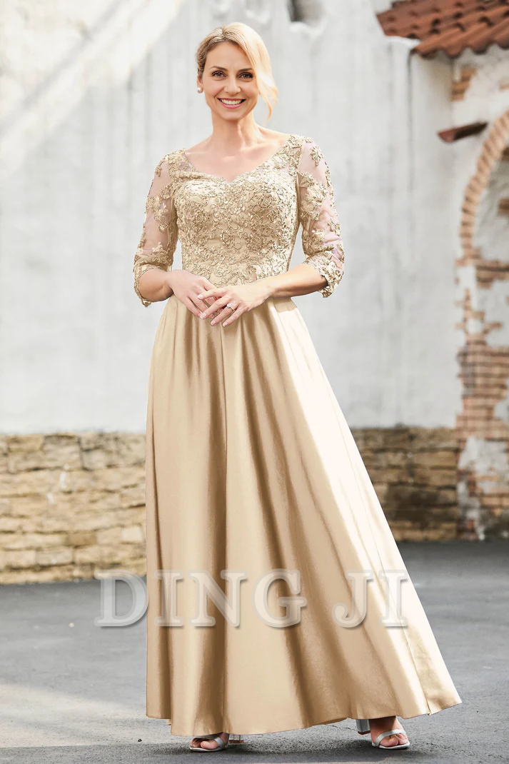 DingJiDress Mother of the Bride Dresses A-Line Satin V-neck Delicate Lace Applique Dress Elegant Dignified Dresses Wedding Guests Dresses