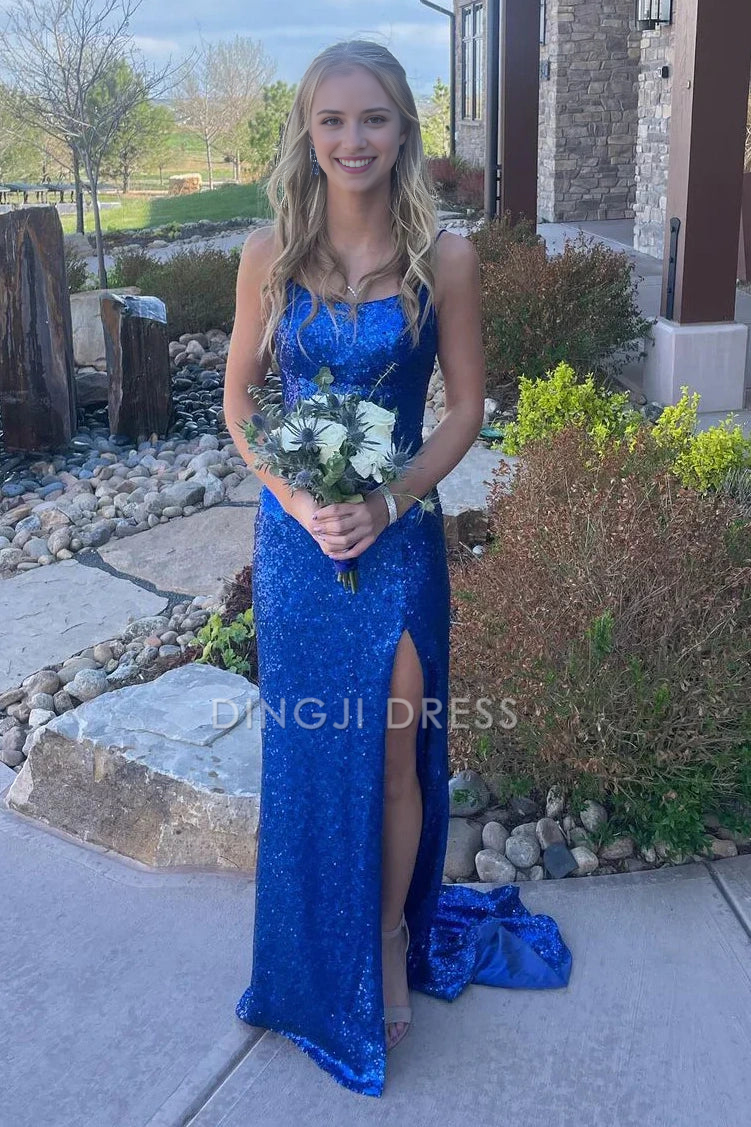 DingJiDress Formal Dress Charming Mermaid Spaghetti Strap Bateau Sleeveless Backless Lace Up Side Fork Party Sparkly Prom Dress